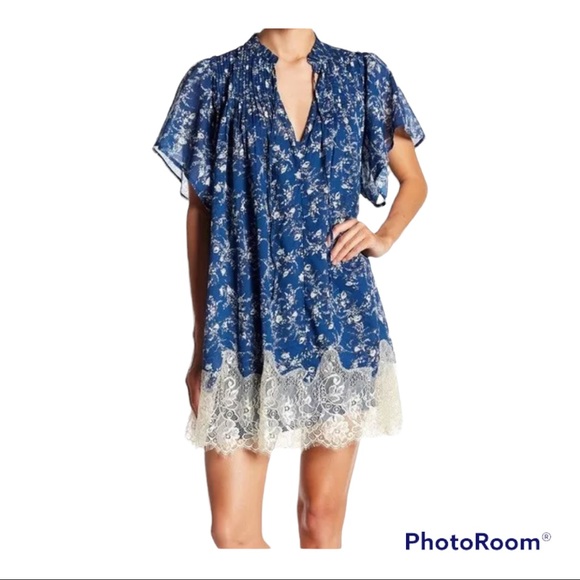 Free People Dresses & Skirts - Free People Marigold Blue Floral Mini Shift Dress Lace Hem Keyhole Tie Front